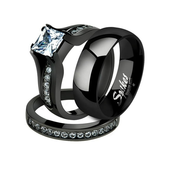 Stainless Steel Black Ion Plated His and Hers 3pc Wedding Engagement Ring Band Set Women's Size 05 Men's 06mm Size 13