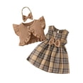 thumbnail image 2 of Girls Outfits Toddler Fly Sleeve Ruffles Top and Plaid Vest Dress with Headband Set Baby Clothes for Girls Coffee 2-3 Years, 2 of 7