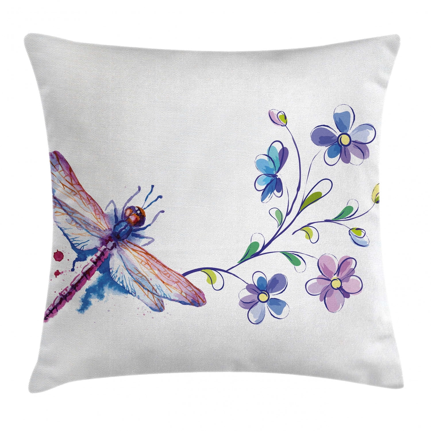 Dragonfly Throw Pillow Cushion Cover, Watercolor Bug Butterfly Like Moth with Branch Ivy Flowers