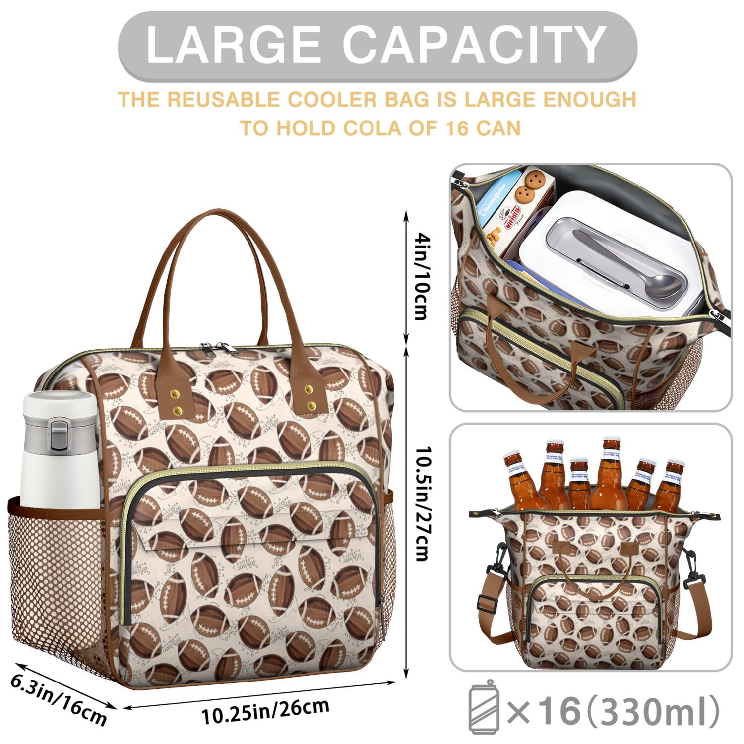 Brown Footballs on Beige Pattern Womens Lunch Box for Work,Insulated Large Lunch Bag for Tween and Teen,Loncheras Para Mujer,Leakproof Adult Lunch Bag for Work,Beach,Travel,Picnic,Camping