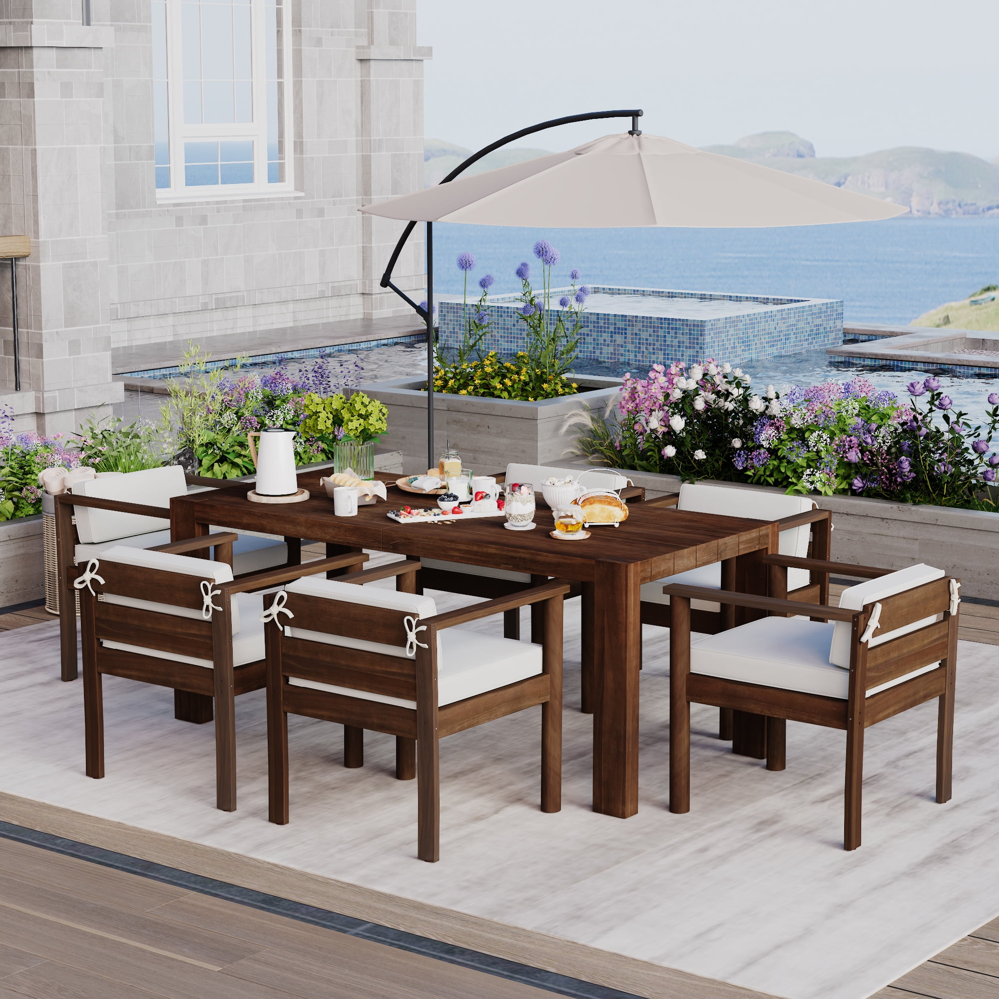 Harper & Bright Designs Wood Patio Dining Table Set for 6, Outdoor All-Weather Patio Dining Furniture with Rectangle Table and Chairs Set with Removable Cushions for Backyard Garden, Beige, Mocha