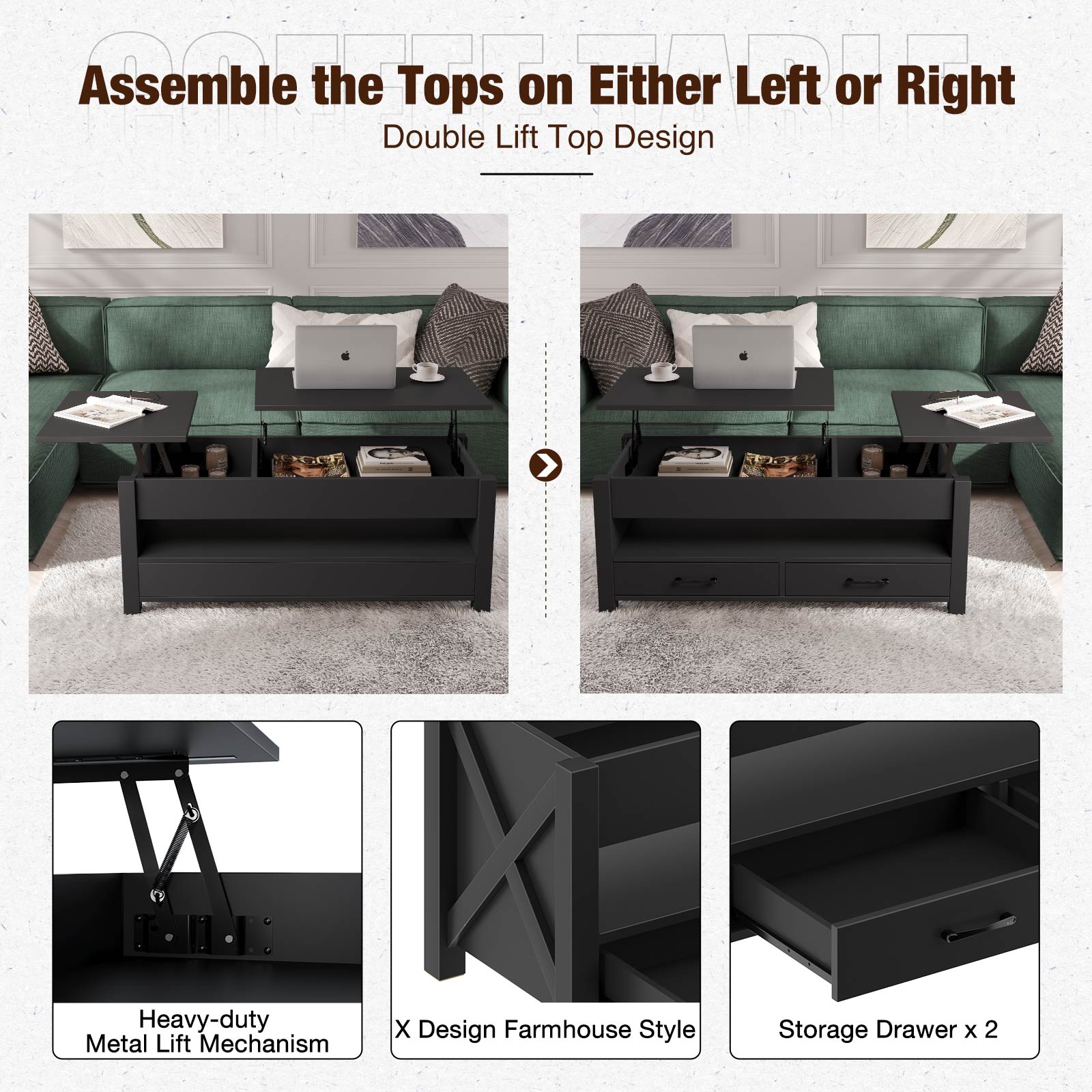 Greenstell Lift Top Coffee Table 47.2" with Storage Drawers and Hidden Compartment,Black