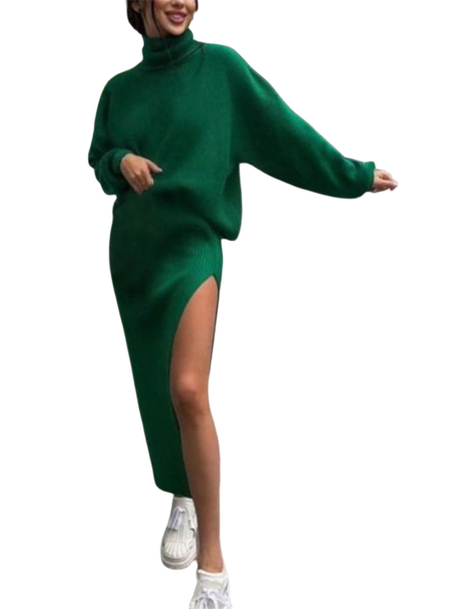 JYYYBF Women's Elegant Knitted Dress Sets 2 Piece Solid High Collar Long  Sleeve Sweater + High Split Midi Skirts Outfits Green L