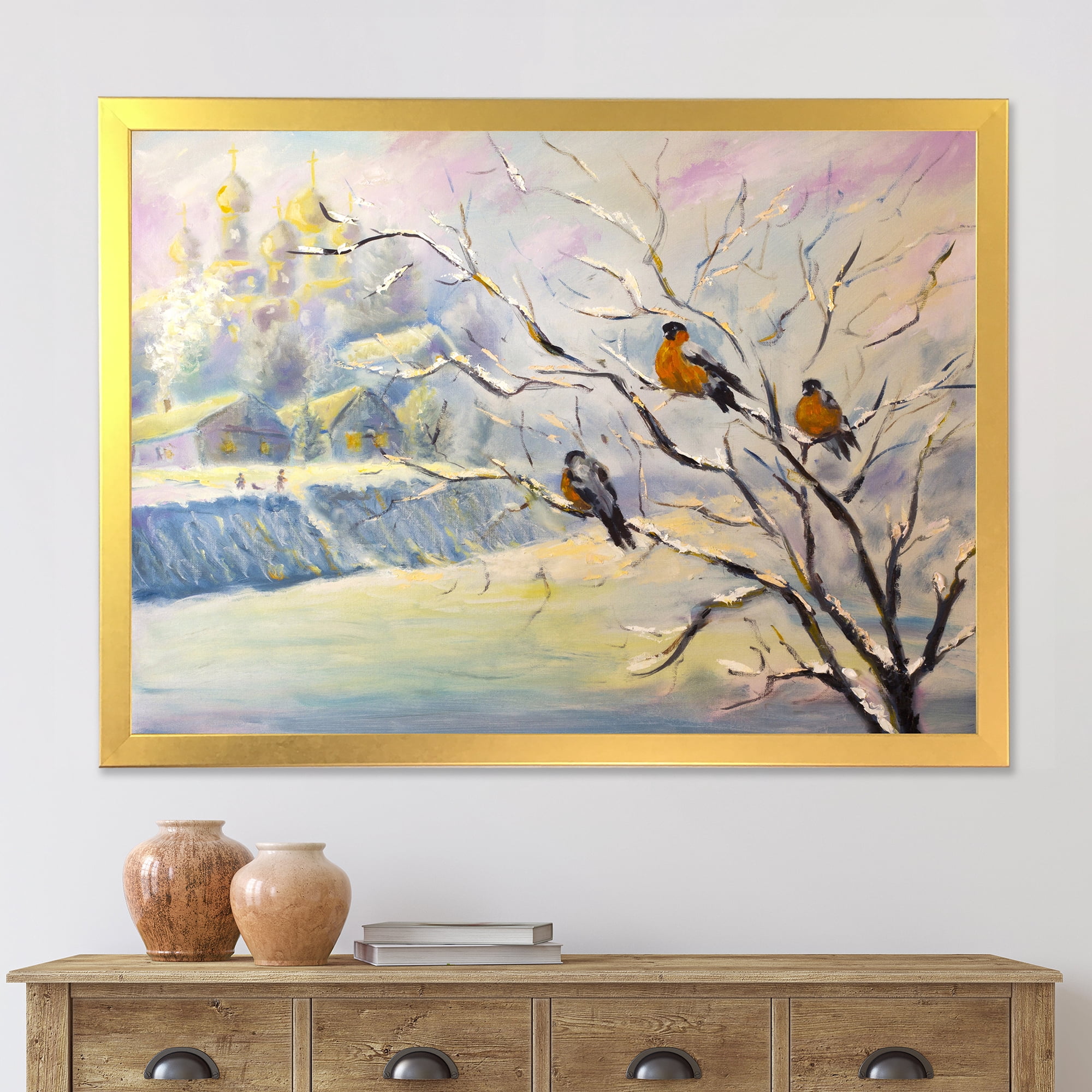 Designart 'Rustic Birds Sitting On A Tree In Winter Village' Farmhouse Framed Art Print