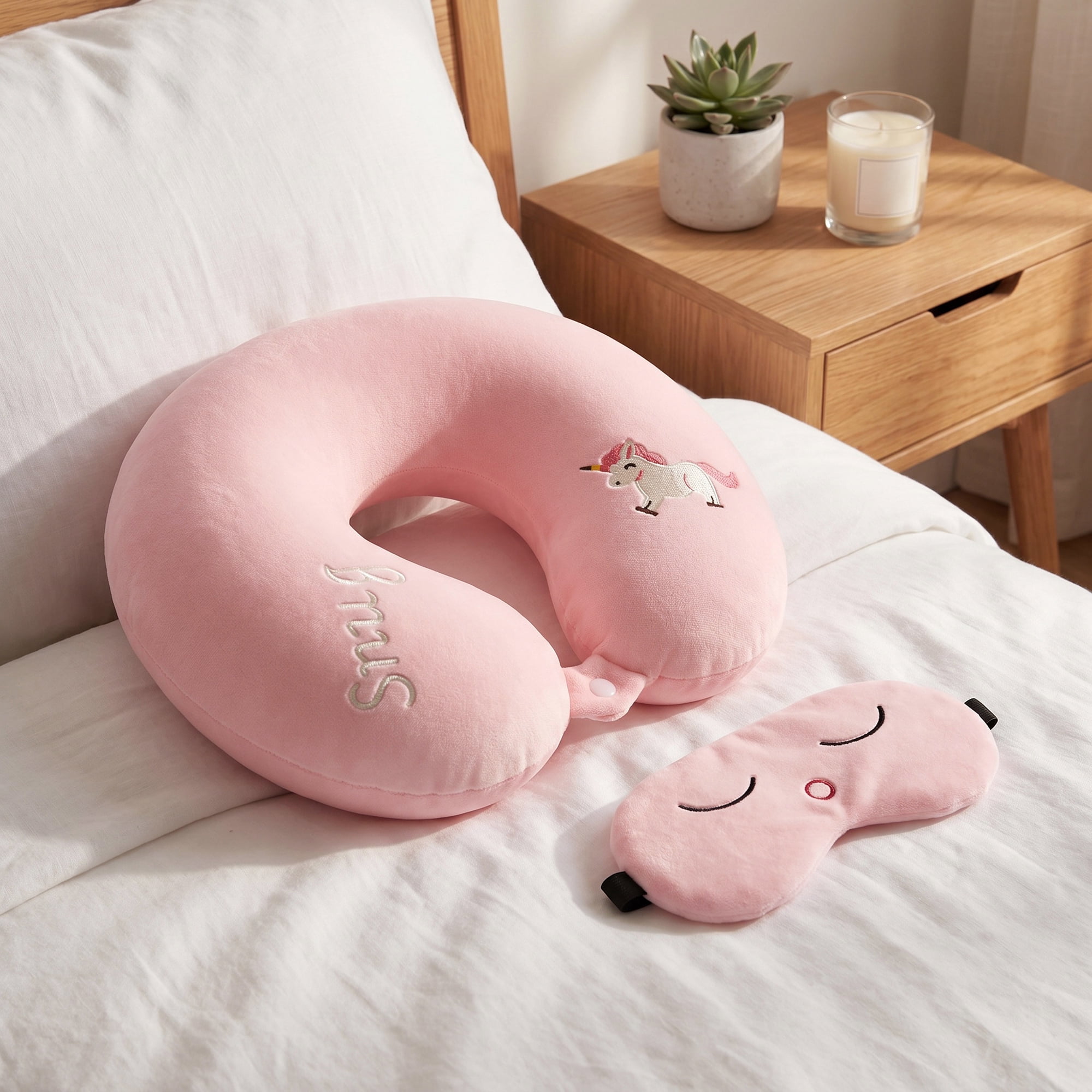 Unique Bargains Memory Foam Neck Pillow U Shape Neck Pillow with Eye Mask Pink 12"x12"