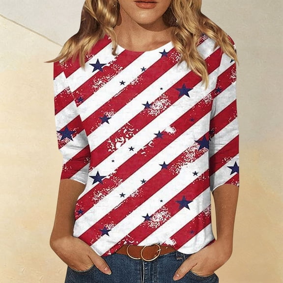 250th Anniversary USA Shirt Womens T Shirts Graphic 3/4 Sleeve Crew Neck Tees Independence Days Red Top L