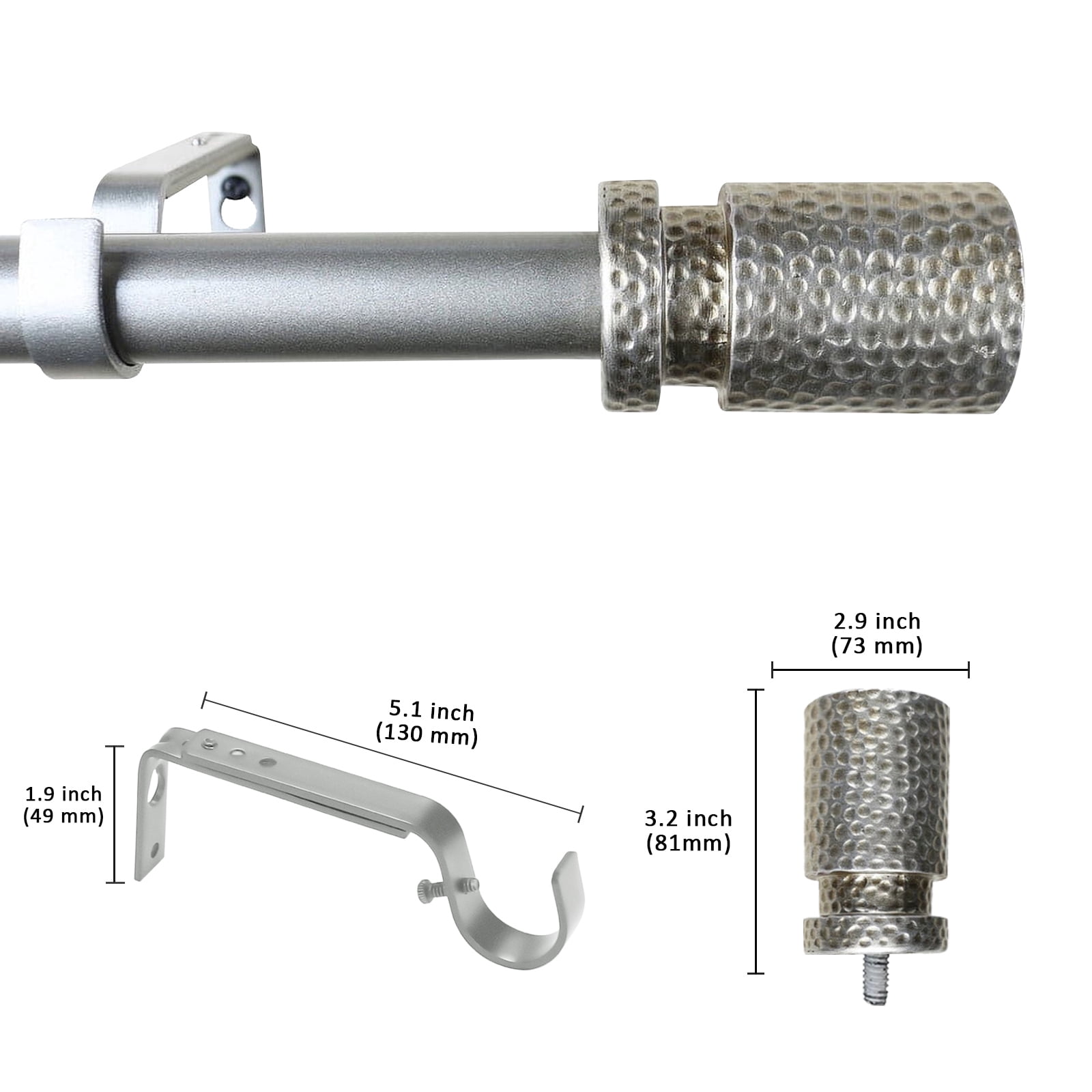 Urbanest 1" Hammered Adjustable Curtain Rod with Designer Finials — Heavy-Duty Metal Telescoping Rod, Easy Install, 48"–84″, Antique Silver/Pewter
