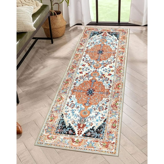 Findosom 2'x6' Vintage Boho Runner Rug Washable Non-slip Area Rug,Hallway Indoor Farmhouse Bedroom Kitchen Living Room Non Shedding Runner, Contemporary Low Plie Floor Carpet Doormat,Orange