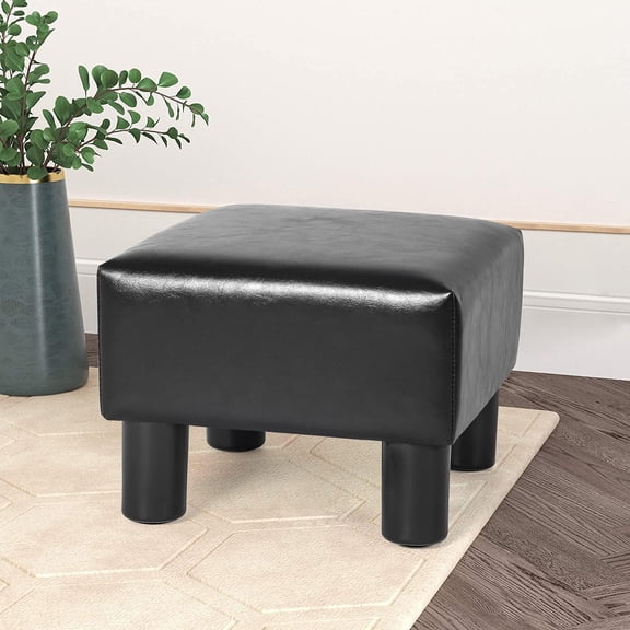 13" Small Footstool PU Leather Ottoman Footrest Modern Home Living Room Bedroom Square Stool with Padded Seat Plastic Legs, Black
