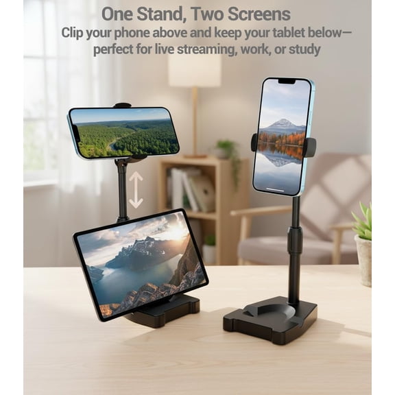 PYYAN-Dual Phone Holder Stand Suitable for iphone 17, 360 Degree Rotating Retractable Desk Stand Suitable to Hold 2 Devices Simultaneously for Live Streaming, Video Calls, Content Creation, Office Wo