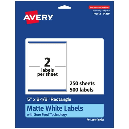UPC: 0194793025927 | Avery Matte White Rectangle Labels with Sure Feed  5  x 8-1/8   500 Matte White Printable Labels