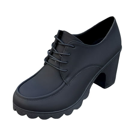 OJSFQUFP Winter Womens Boots Ladies Fashion Retro Solid Color Leather Lace Up Thick High Heel Short Boots Comfortable Fall Shoes Chelsea Boots Women Waterproof Black 39