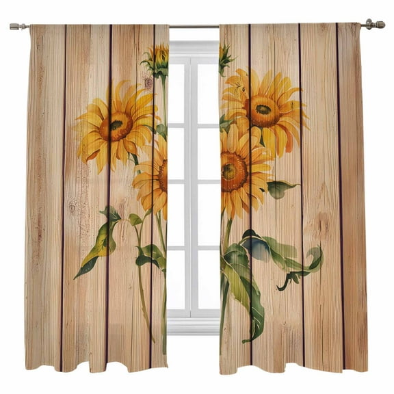 Sheer Curtains 72 inches Long, Country Sunflowers Vintage Wood Grain Texture Farmhouse Light Filtering Sheer Window Curtains Rod Pocket Voile Drapes for Bedroom Living Room, 52"W x 72"L 2 Panels