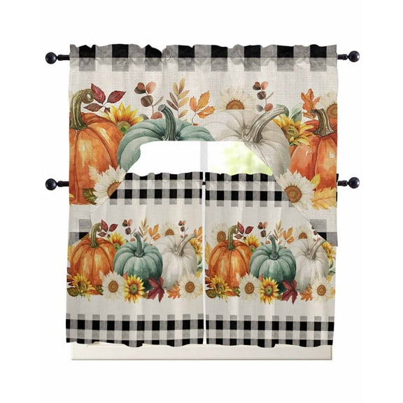 Fall Kitchen Curtains Sets 24 Inch Length with Valance, Orange Blue Pumpkins Thanksgiving Sunflower Leaf Plaid Swag Valances and Tiers Curtain Set Drapes Swag Curtains for Living Room, Bathroom