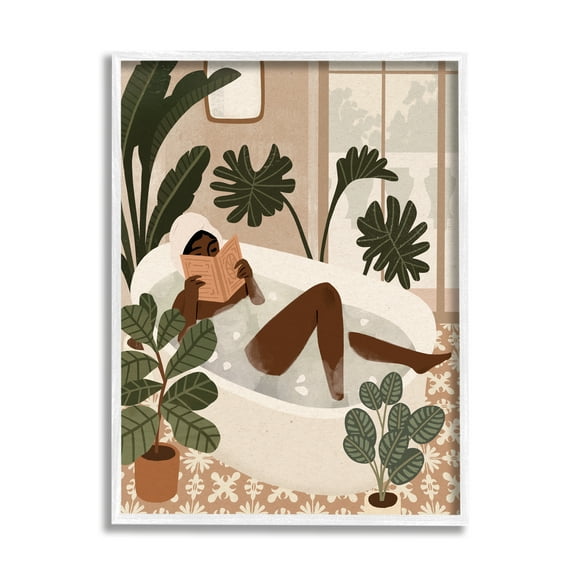 Stupell Industries Female Reading in Bath Tropical Palm Plants, 11 x 14,Design by Victoria Barnes