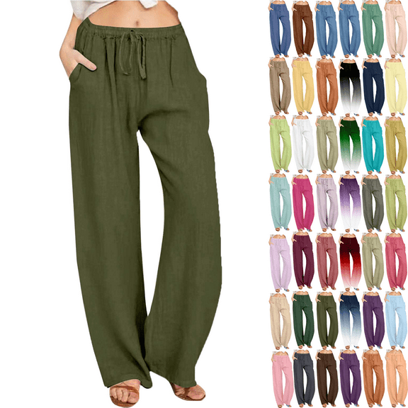Linen Pants Women Summer Flowy Pants for Women Solid Color Linen Sashes Black Pants Women Straight Casual Long Wide Leg Trouser Pants for Women Pants Trousers