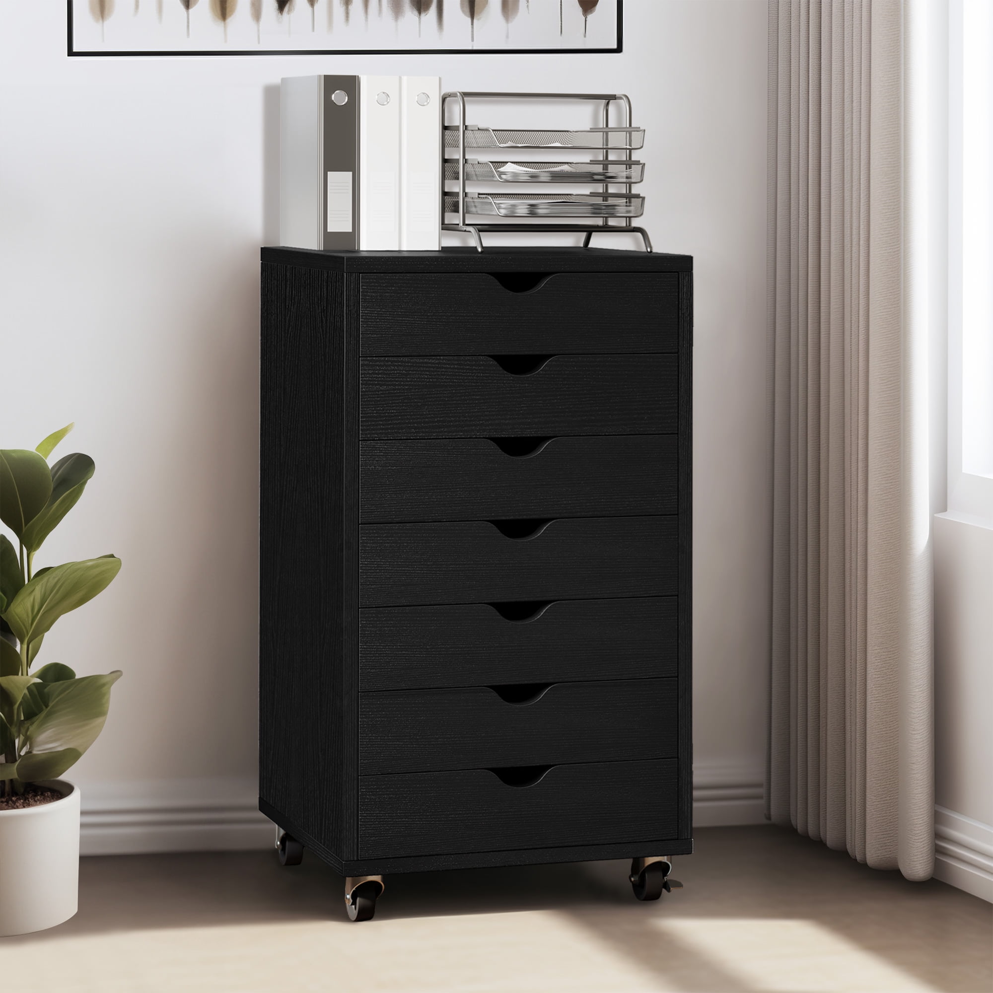 Dextrus 7-Drawer File Cabinets Office Wooden File Cabinet Chest Mobile Organizer Storage Rolling Storage Drawer Cabinet, Black