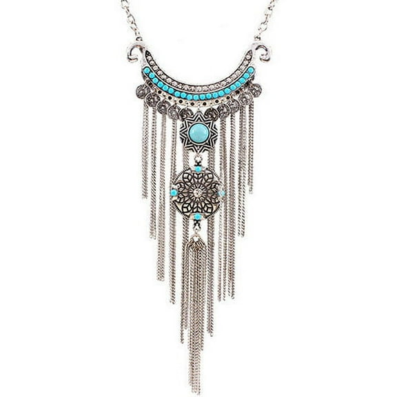 Huanledash Boho Fashion Women Turquoise Multi Tassel Sequins Statement Pendant Necklace
