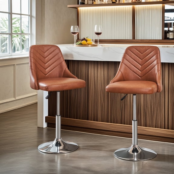VECELO Bar Stools Set of 2, Swivel Adjustable Barstools with Backrest, PU Leather Upholstered Chairs, Round Heavy Metal Base, Brown