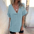 thumbnail image 2 of Olyvenn Stylish Cotton Linen Tops for Women V Neck Short Sleeve Tops Side Slit Basic Tunic Blouse Casual Style Loose Fit Solid Color Blouse Light Blue M, 2 of 9