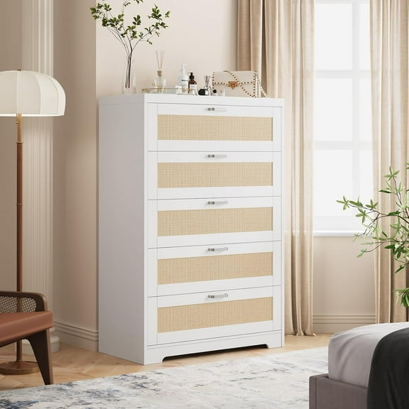 White Tall Rattan Dresser 5 Drawer Chest Modern Wooden Storage Cabinet with Wide Top for Bedroom Living Room Hallway Entryway