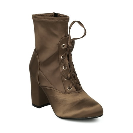 

New Women Indulge Ella-1 Satin Round Toe Lace Up Block Heel Bootie