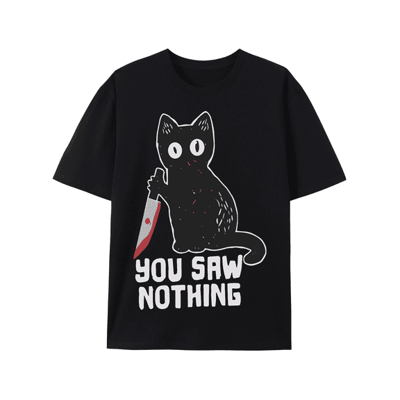 Men's Funny Cat T-shirt you saw nothing cat with bloody knife Halloween tee