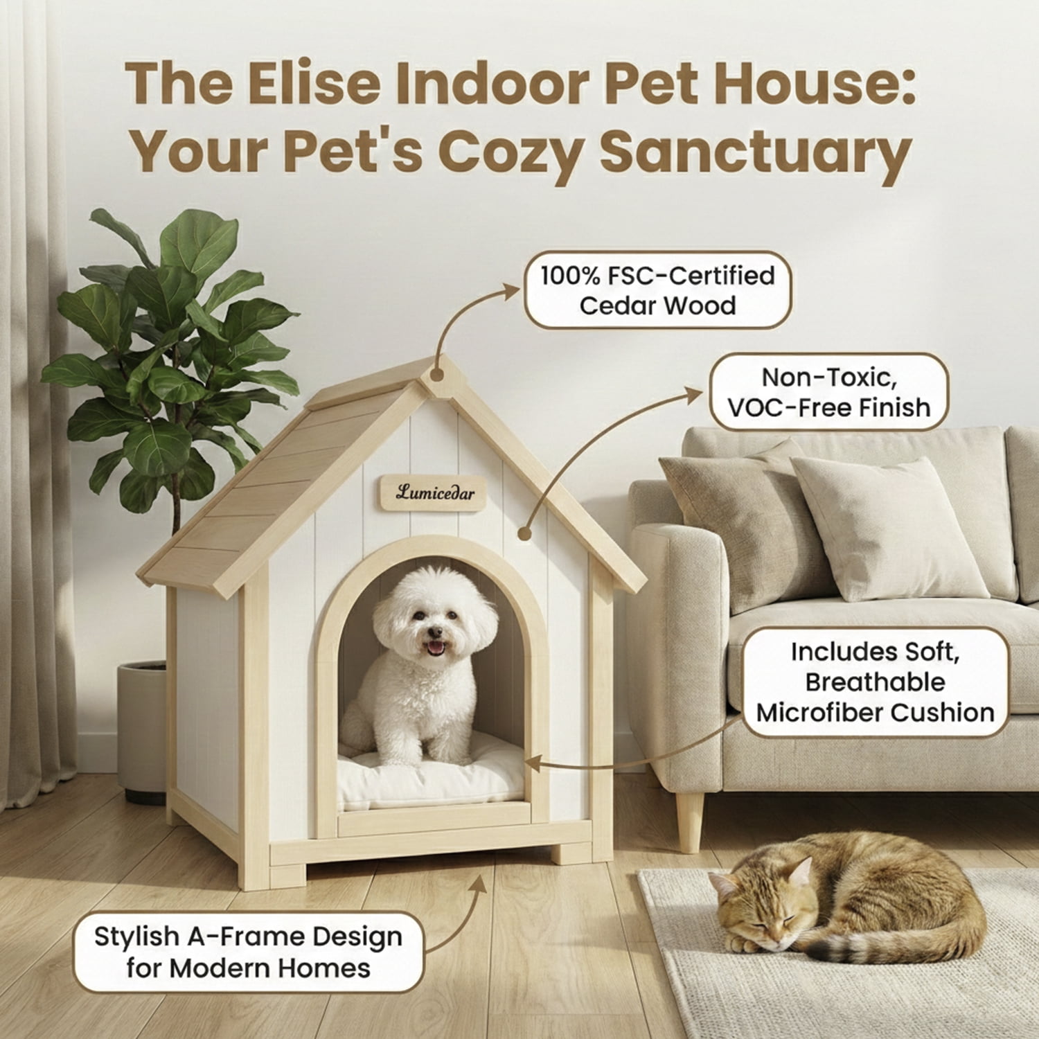 Modern Indoor Wooden Dog House with EVA Cushion – Solid Cedar Pet House for Small Dogs & Cats