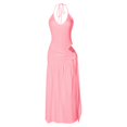 thumbnail image 5 of Unir Women’S Sexy Backless 2-Piece Matching Set, Spaghetti Strap Halter Bodysuit With High Waist Ruched Side Slit Flowy Maxi Skirt, Smooth Lightweight Polyester Fabric, 2pcs, Sizes S To XL, 5 of 5