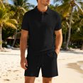 thumbnail image 2 of JUUYY Men's 2 Piece Casual Sets Solid Textured Short Sleeve Button Up Collared Shirts and Drawstring Shorts Set Summer Outfits Black XXL, 2 of 5
