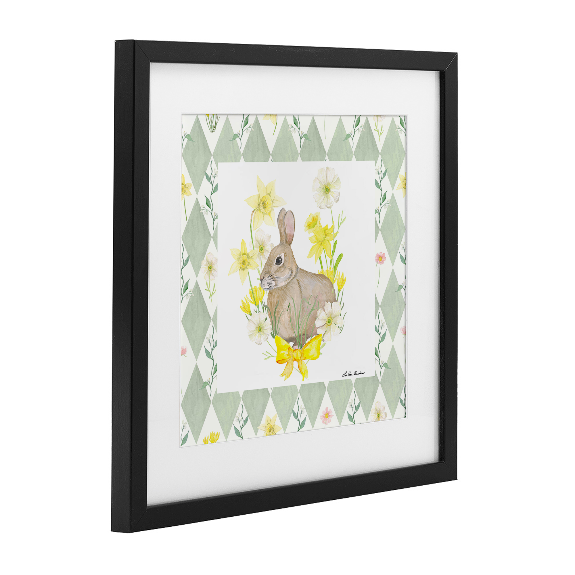Mother Bunny on Green Argyle Black Framed Print Under Glass, design by Lee Ann Sanders