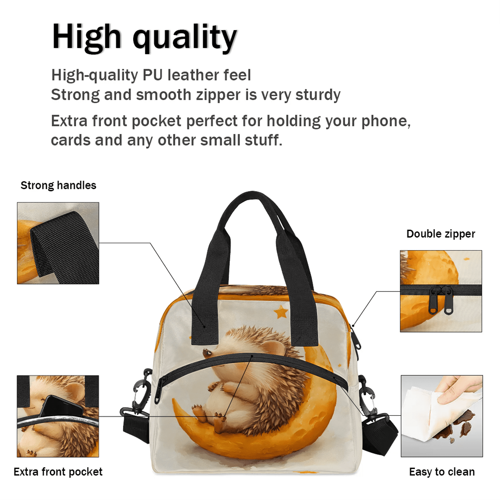 Herdesigns Hedgehog Lunch Bag for Women Men Adult, Cute Large Insulated Reusable Lunch Box Leakproof Portable Cooler Tote Bags for Work Picnic Beach