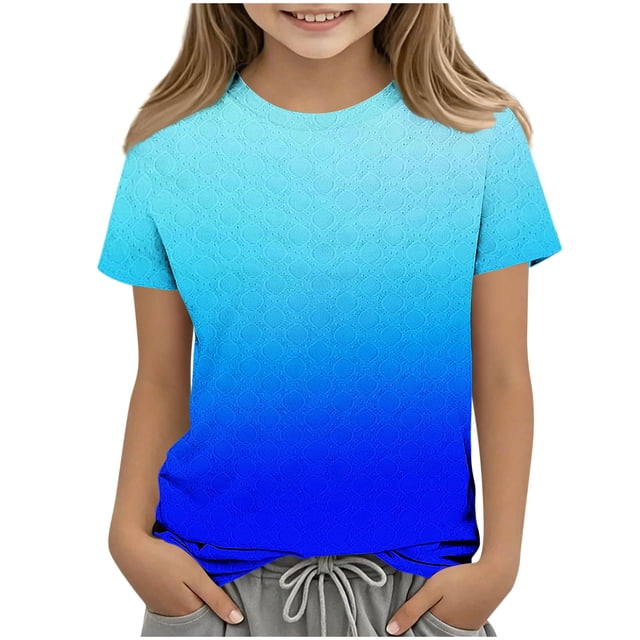 Zpanxa T Shirts for Girls Solid Color Round Neck Loose Fit Print Pattern Top Polyester Spandex 3-4 Years