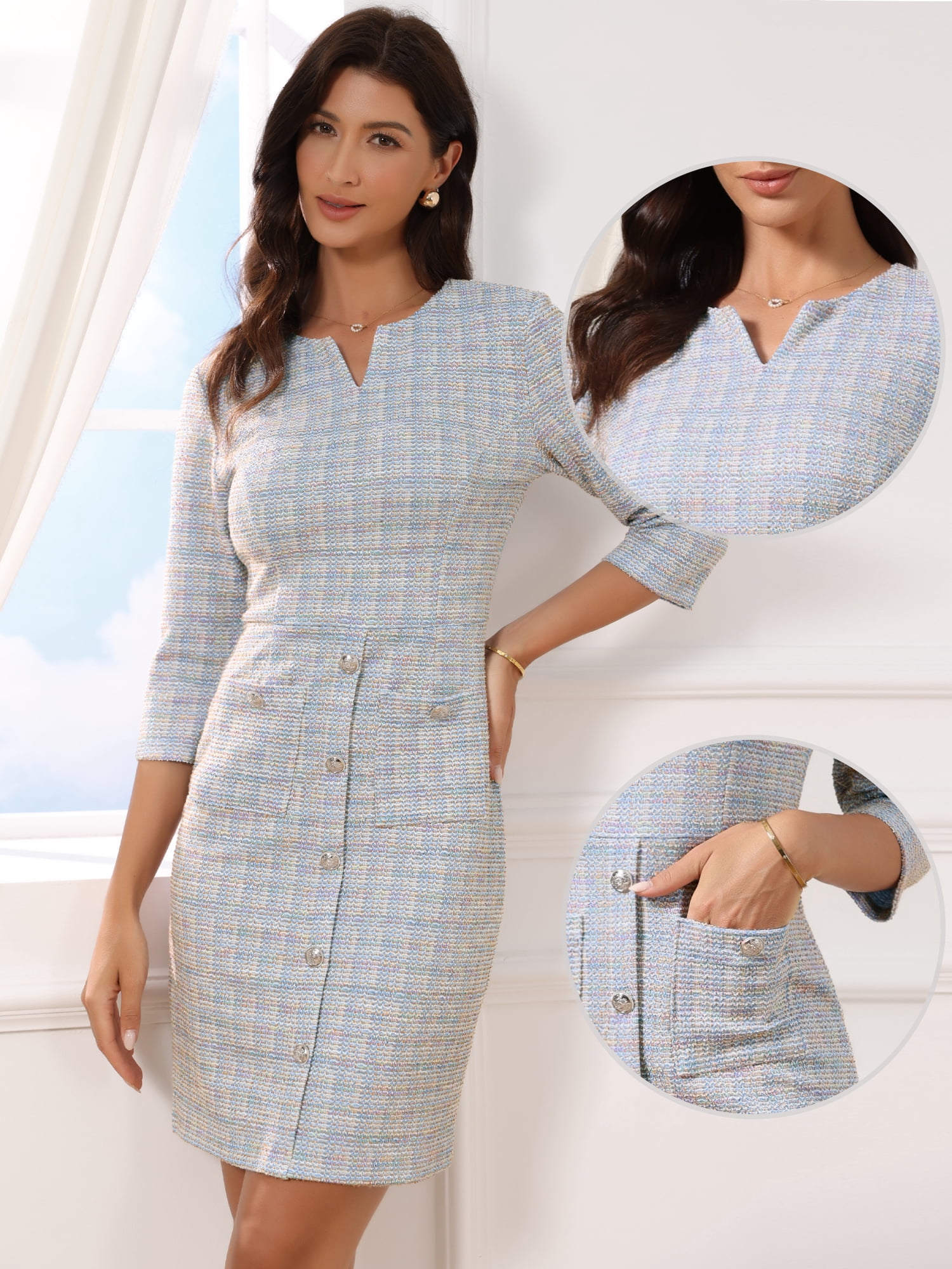 DARING DIVA Women's Tweed Dress Vintage 3/4 Sleeve Business Crew Neck Sheath Dress S Multicolor Blue
