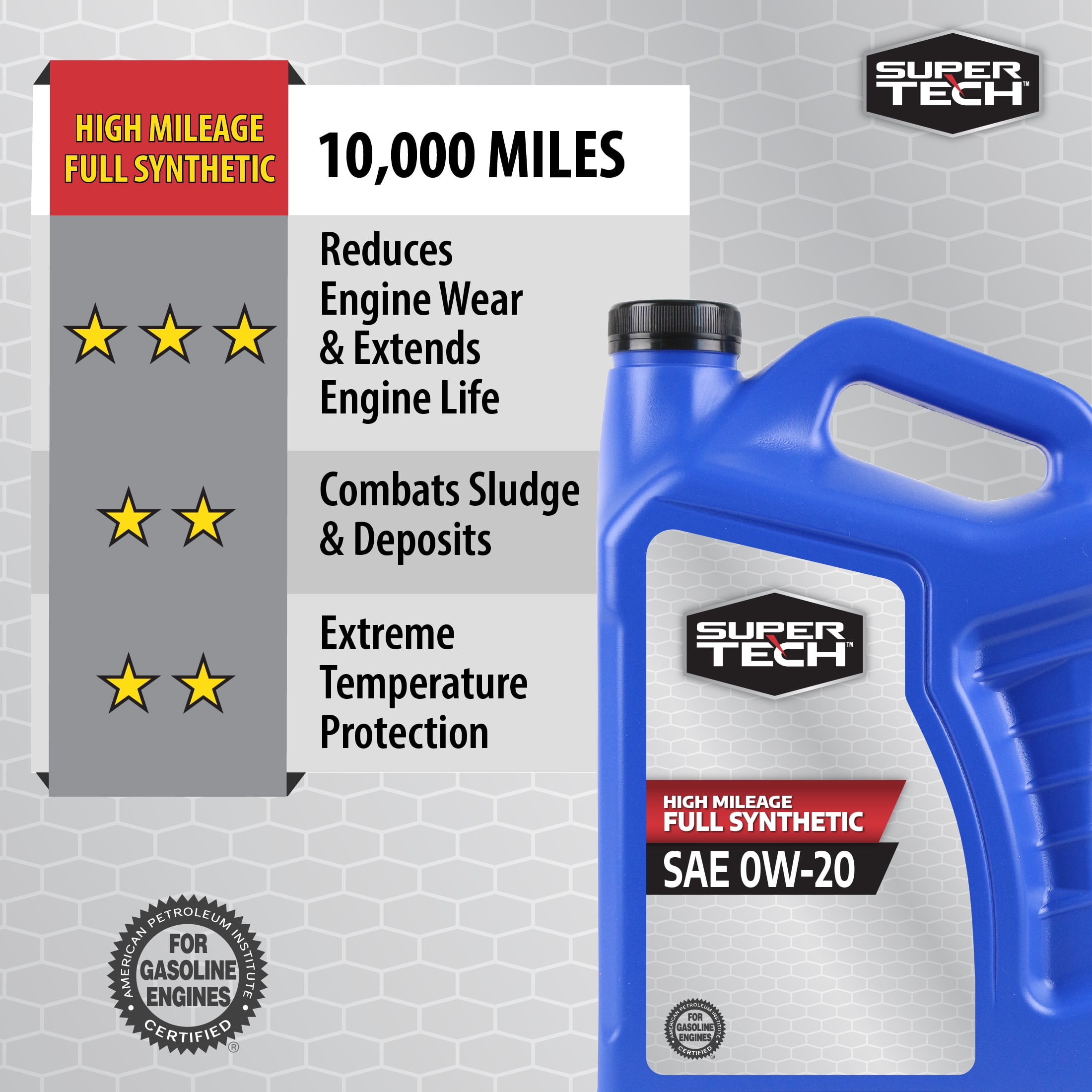 Super Tech High Mileage Full Synthetic SAE 0W-20 Motor Oil, 5 Quarts