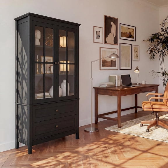 iSunirm 63'' Tall Bookcase with Drawers, Farmhouse Bookcase with Glass Doors and Adjustable Shelf for Home, Office, Black