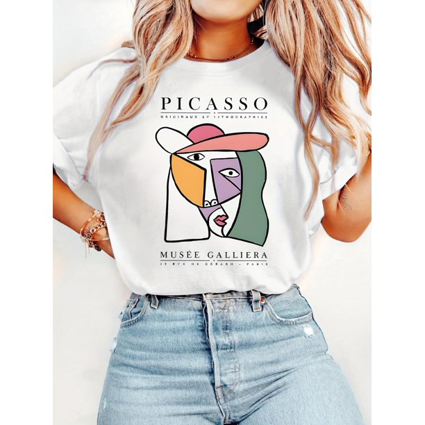 1pc Women's Abstract Art Design T-Shirt - Retro Chic Picasso-Inspired Short Sleeve, Comfortable & Versatile for Casual Attire, Perfect Gift for Women and, Ladies T Shirts
