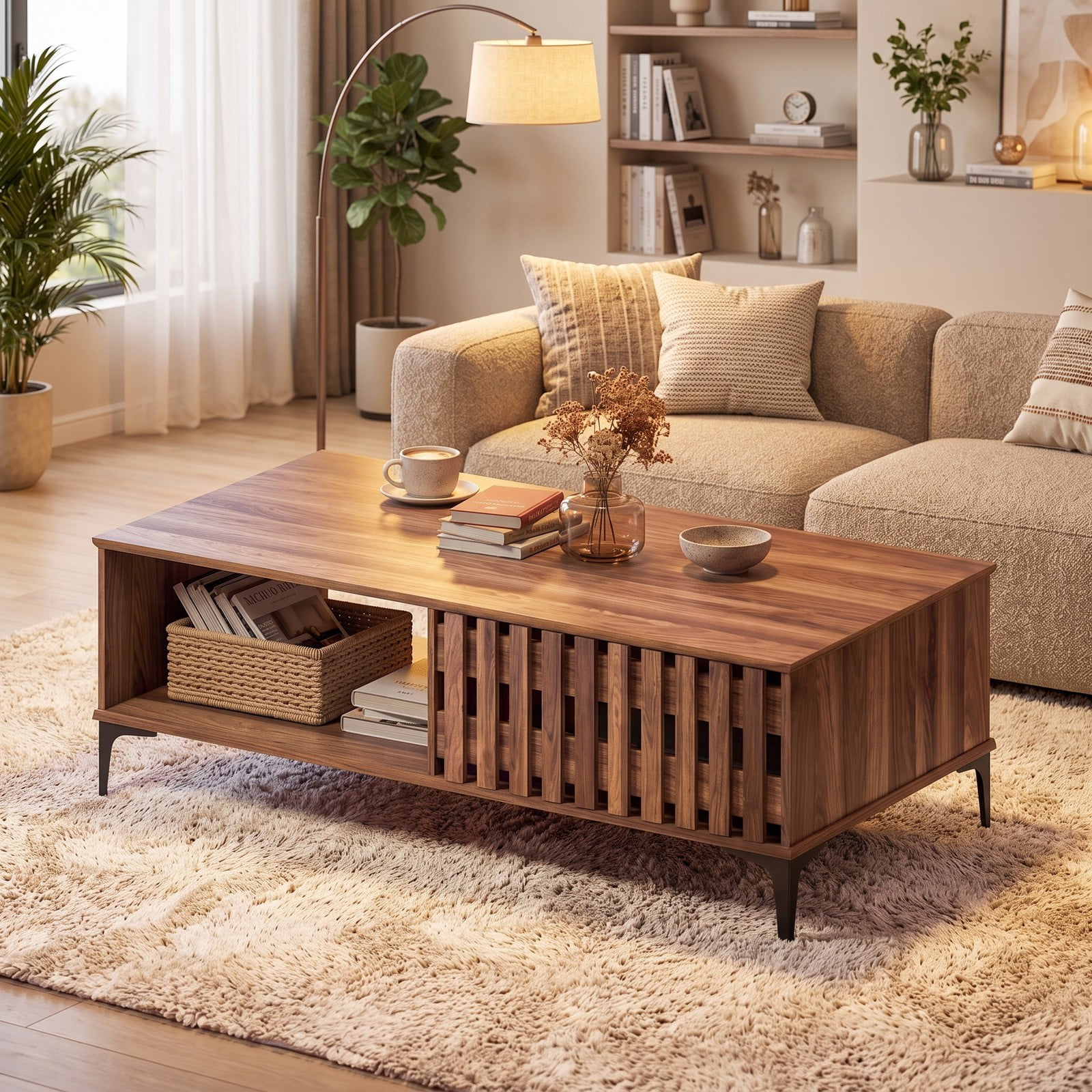 Furnibear 47 Inch Mid Century Coffee Table, Farmhouse Wooden Center Table with Storage Cabinets and Open Compartment, Rustic Living Room Sofa Accent Table with, Walnut