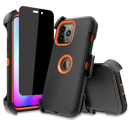 NIFFPD iPhone 14 Pro Max Case with Screen Protector（Anti Spy Privacy） + Belt-Clip Holster, Heavy Duty Hard Shockproof Phone Case for iPhone 14 Pro Max 6.7" Black+Orange
