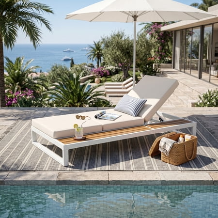 Christopher Knight Home Outdoor Chaise Lounge with 3-Fold Cream Cushion, 5-Position Recliner, White