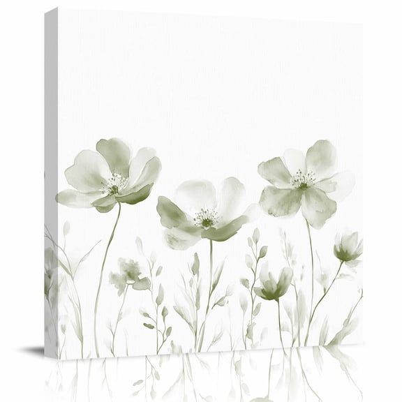 Sage Green Flower on White Canvas Artwork Painting Art, Still Life Floral Square Framed Wall Decorations Prints Picture for Bedroom Kitchen Living Room, 12x12 in