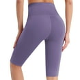 thumbnail image 4 of OSOLU Women High Waist Tight Sports Elastic Solid Color Fitness Yoga Knee Length Pants Workout Stretchy Running Tummy Control Joggers Bottoms Purple L, 4 of 5