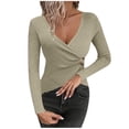 thumbnail image 2 of UQJfacai Womens Long Sleeve Shirts Deep V-Neck Crop Tops Fall Fashion Ribbed Knit Going Out Basics Tees with Buckle Winter Y2k Clothes, 2 of 4