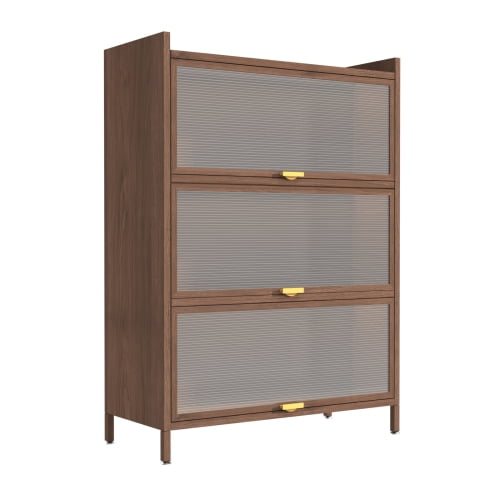 Metal Storage Cabinet, 3-Tier Flip Door Storage Unit with Ample Space, 44" Tall Cabinet for Bedroom, Office, Living Room, and Entryway Organization, Walnut Finish