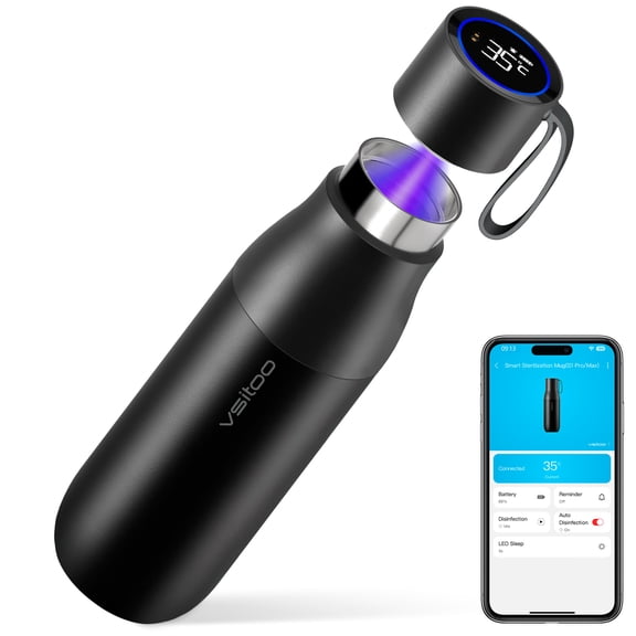 Vsitoo 15oz Smart Self-Cleaning Stainless Steel Water Bottle, 30-Day Battery, Black