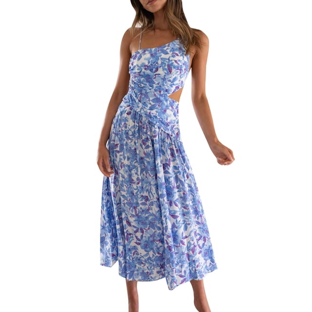 ZAXARRA Femmes Été Midi Robe Couleur Unie / Imprimé Floral Spaghetti Sangle Croisée Tie-Up Dos Nu Robe de Mode Fendue Partie Robe