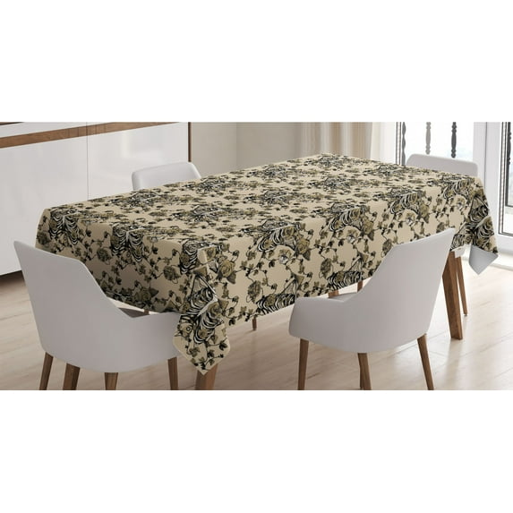 Gothic Tablecloth, Chest Bones Ribcage Flowers Butterflies Autumn, Rectangle Satin Table Cover Accent for Dining Room and Kitchen, 60" X 90", Pale Mustard Dark Tan, by Ambesonne