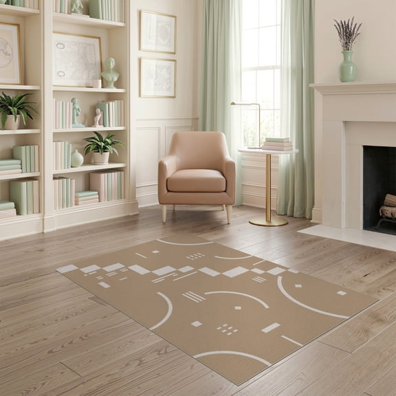 ODIKA 4'x6' Beige Cream Geometric Modern Design Washable Area Rug Abstract Pattern with Accents for Bedroom, Reading Nook, Pet Friendly & Non-Shedding