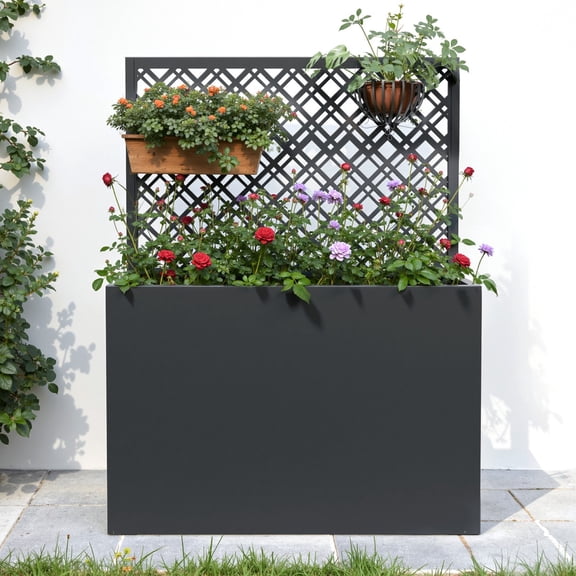 TopComfy Metal Planter Box with Trellis 35" Lx11.8 Wx47 H Raised Garden Bed with Drainage Holes Outdoor Flower Bed for Climbing Plants Vegetables Vines, Black