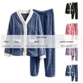 thumbnail image 4 of PNTUTB Women's Fleece Soft Warm Pajama Set Contrast V-neck Button Long Sleeve Pockets Top and Pant Fall Winter Loungewear Set, 4 of 7